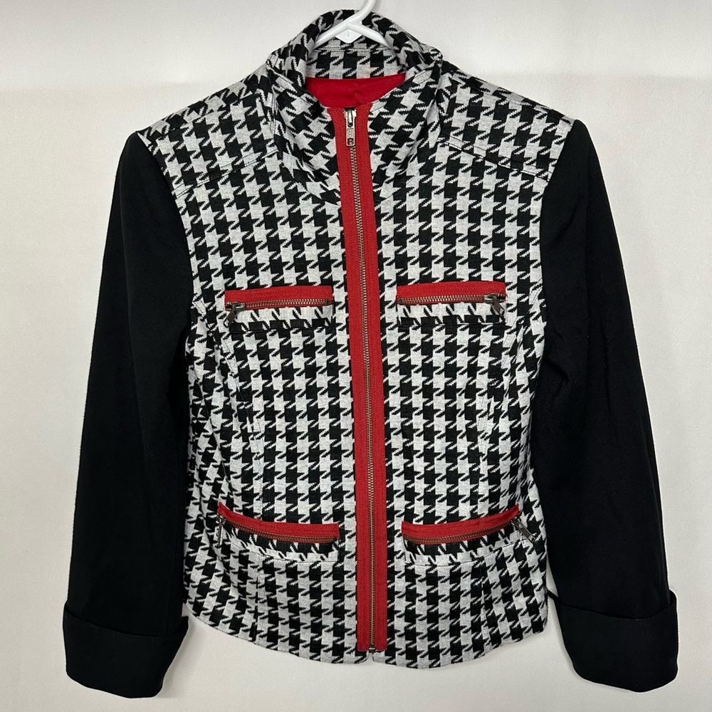 Leslie Stuart Knit Blazar Jacket Houndstooth Black White Red Women’s Size 6